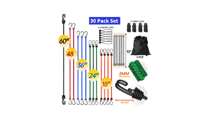 30-Piece Bungee Cord Assortment - Mixed Sizes With Hooks And Storage Bag
